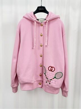 🚩steal Gucci Pastel Pink Hooded Button-Up Sweatshirt with Tennis Embroidery
